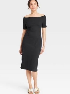 Like New- Off Shoulder Ribbed Bodycon Black Dress XS